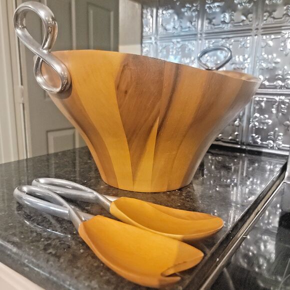 Luxury Nambe Acacia Wood Large Salad Serving Bowl Fork & Spoon Silver Accents - Picture 1 of 16